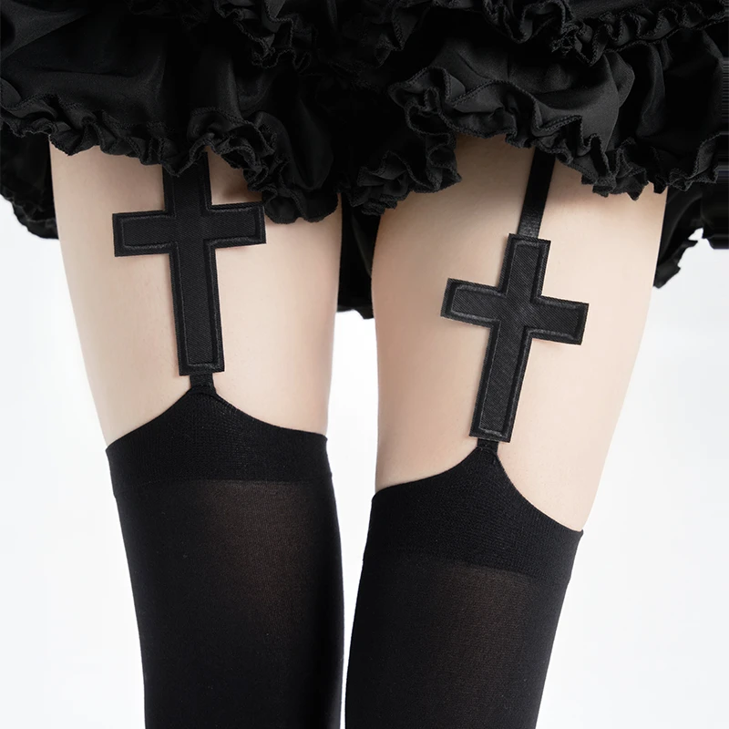 十字架黑色吊带袜哥特风过膝袜lolita天鹅绒jk长筒袜子大码丝袜