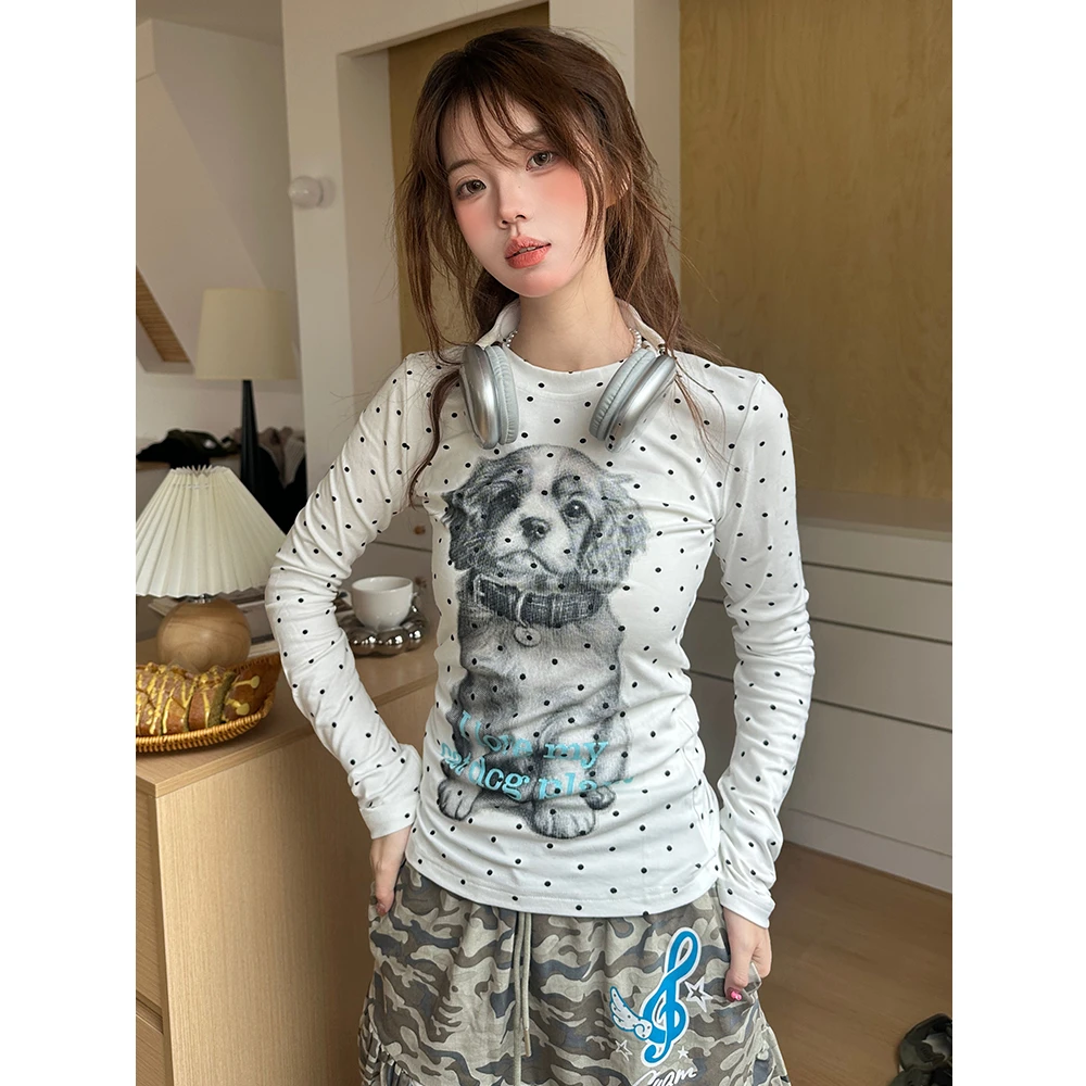 韩系休闲小众ins小狗波点印花长袖T恤女秋季甜美修身显瘦百搭上衣