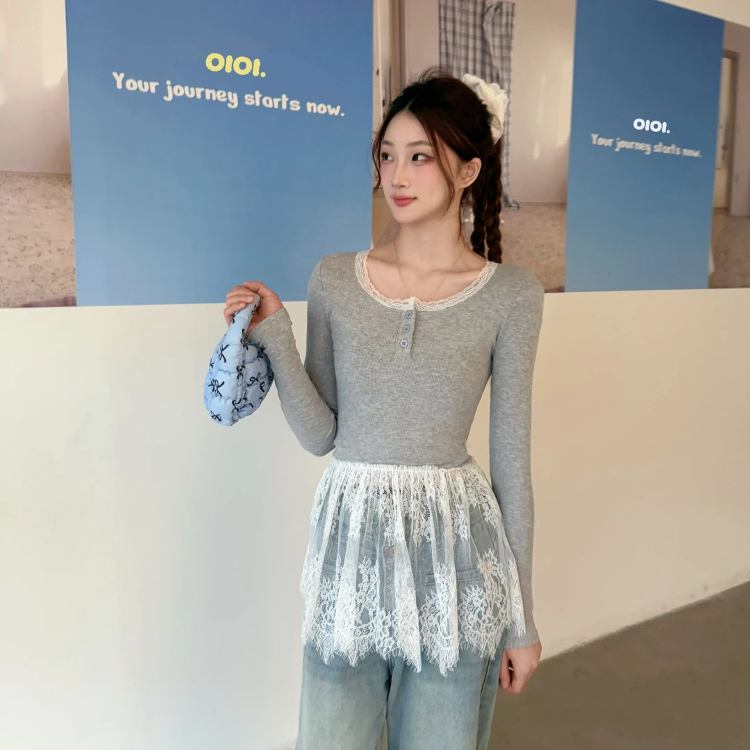 byo!oi OIOI2025早春叠穿百搭亲肤蕾丝打底衫女长袖T恤贴身显瘦