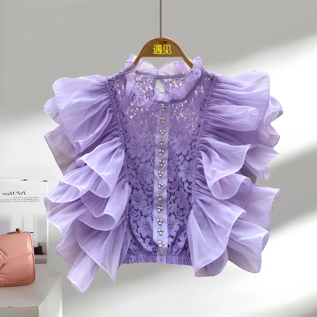 轻奢法式名媛高级感无袖衬衫女夏季镂空钩花荷叶边气质洋气衣服女