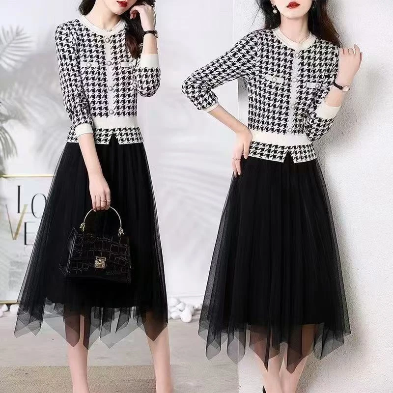 CF581 新款气质连衣裙女显瘦收腰时尚减龄遮肉修身假两件裙子