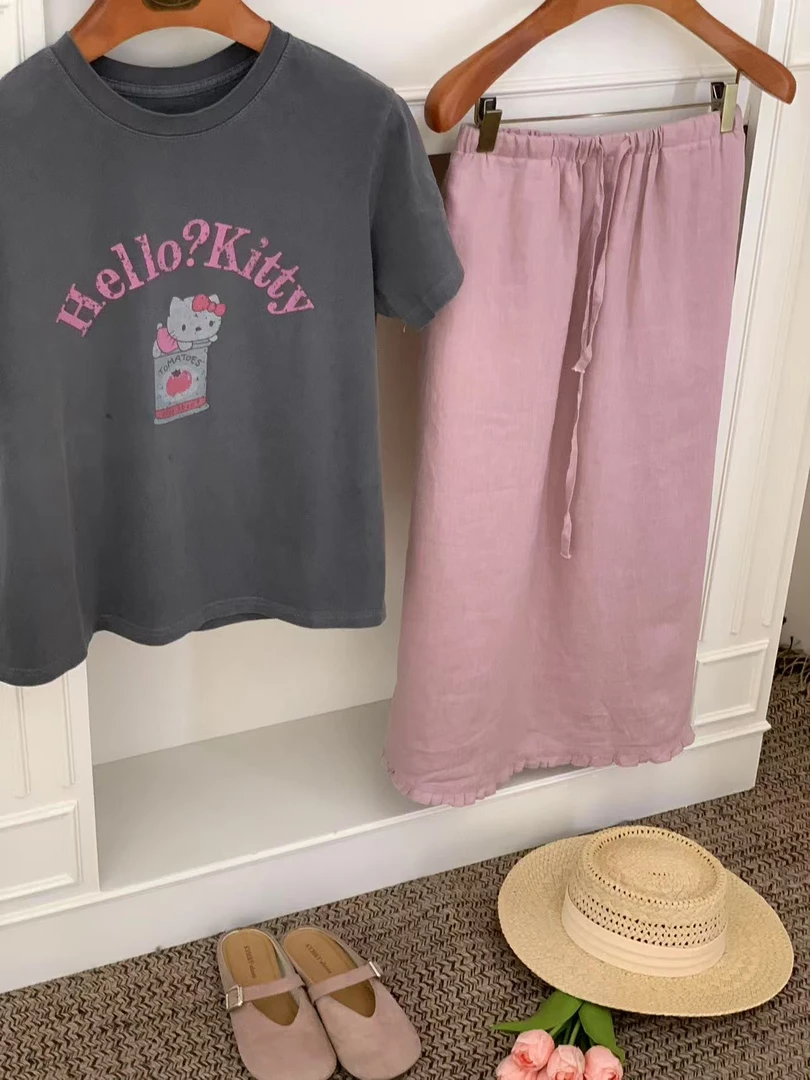 「大昕·紫雾」2025初夏新款显瘦直筒100亚麻半裙