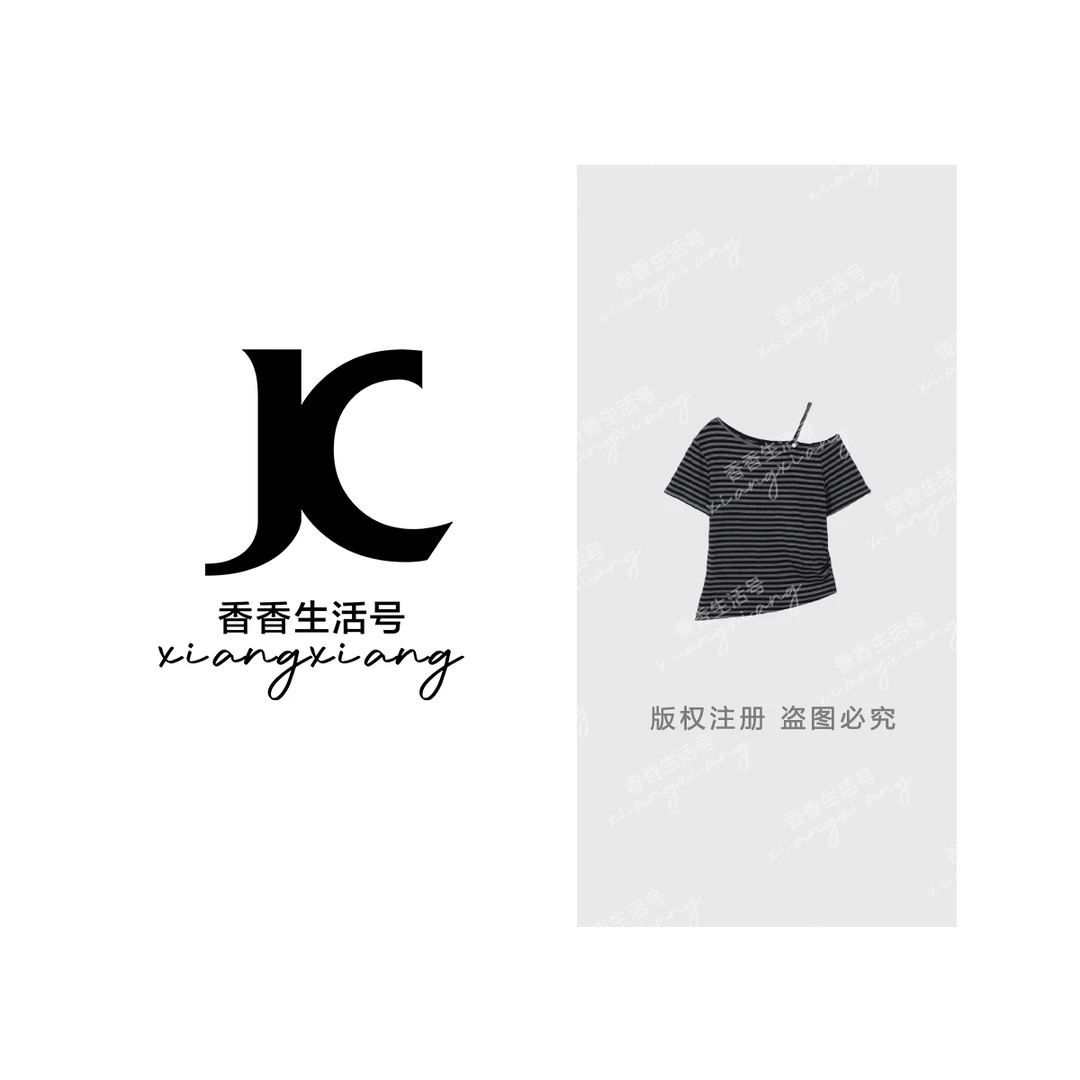 “复古条纹”2025新款条纹斜肩夏季露肩吊带时尚上衣-77799