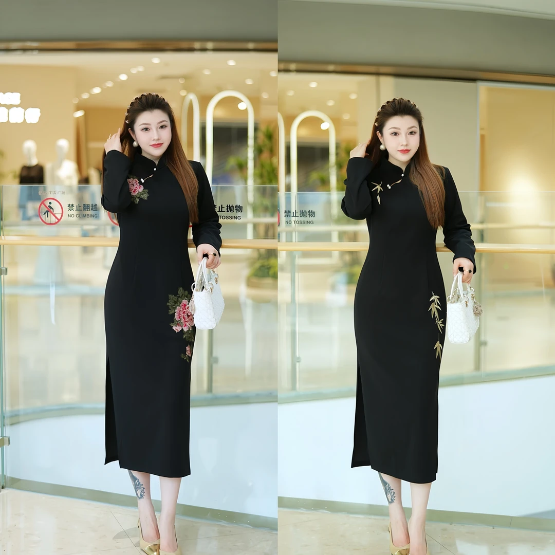 XYD71692中式旗袍裙复古刺绣重工优雅盘扣显瘦大码女装连衣裙