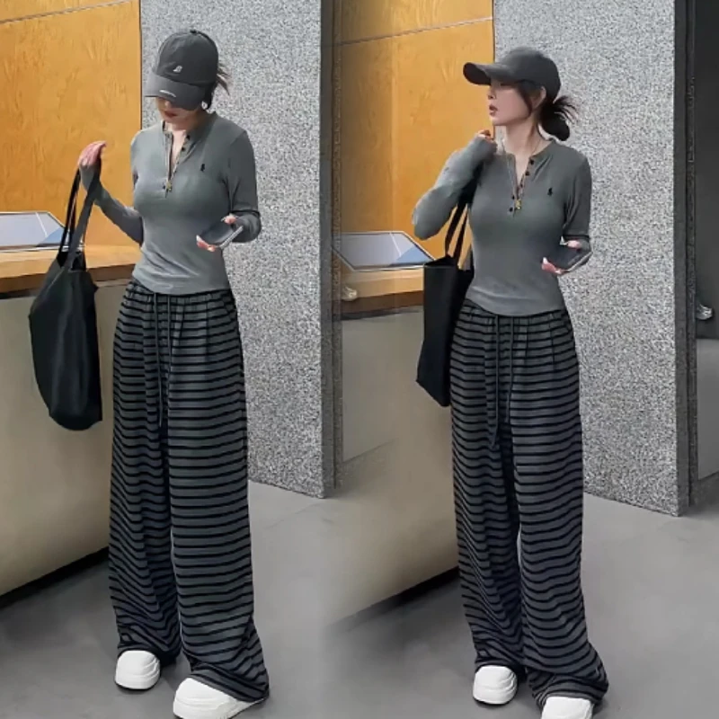 春夏显瘦松紧腰抽绳直筒条纹裤+修身T恤上衣时尚两件套套装女