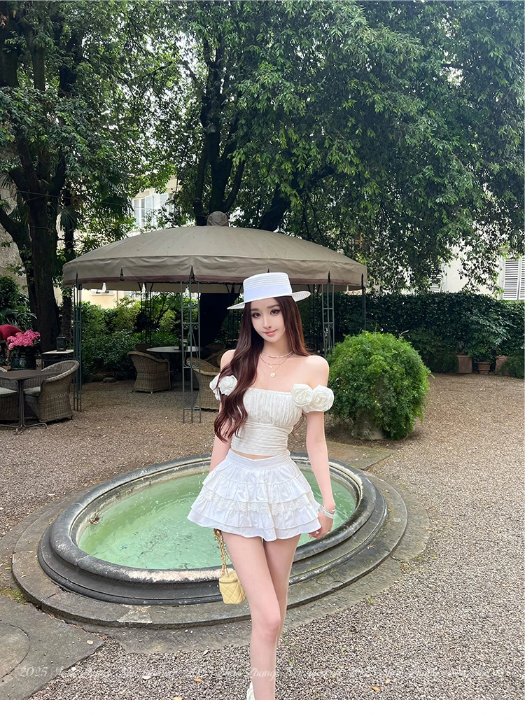 【玫瑰白茶】名媛风立体装饰高级感收腰一字肩T恤短袖女高腰半身裙