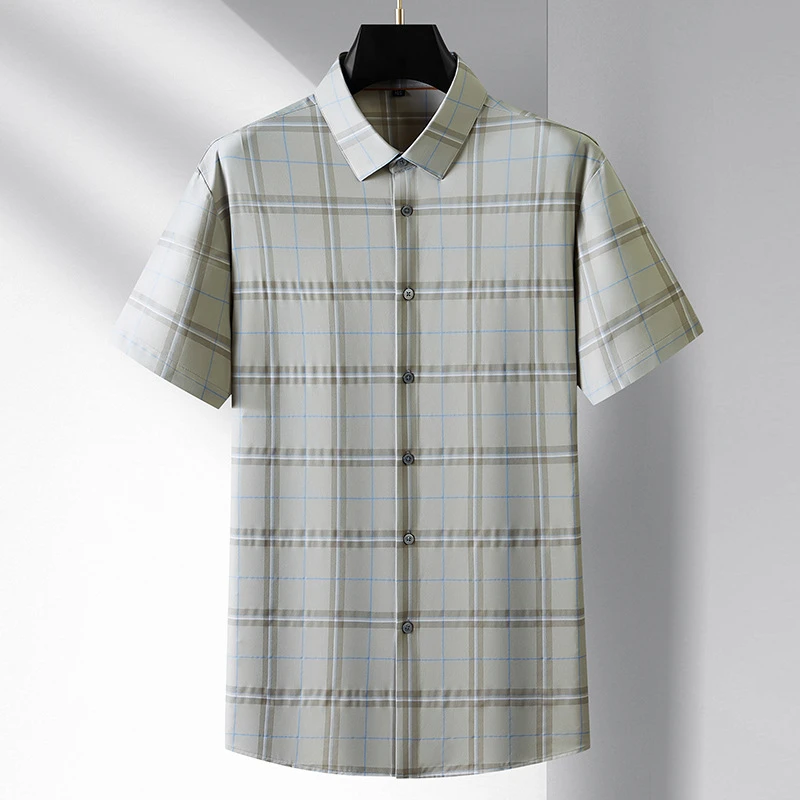 2025年男士高弹力半袖格子衬衣大码男装夏季薄款免烫时尚休闲衬衫