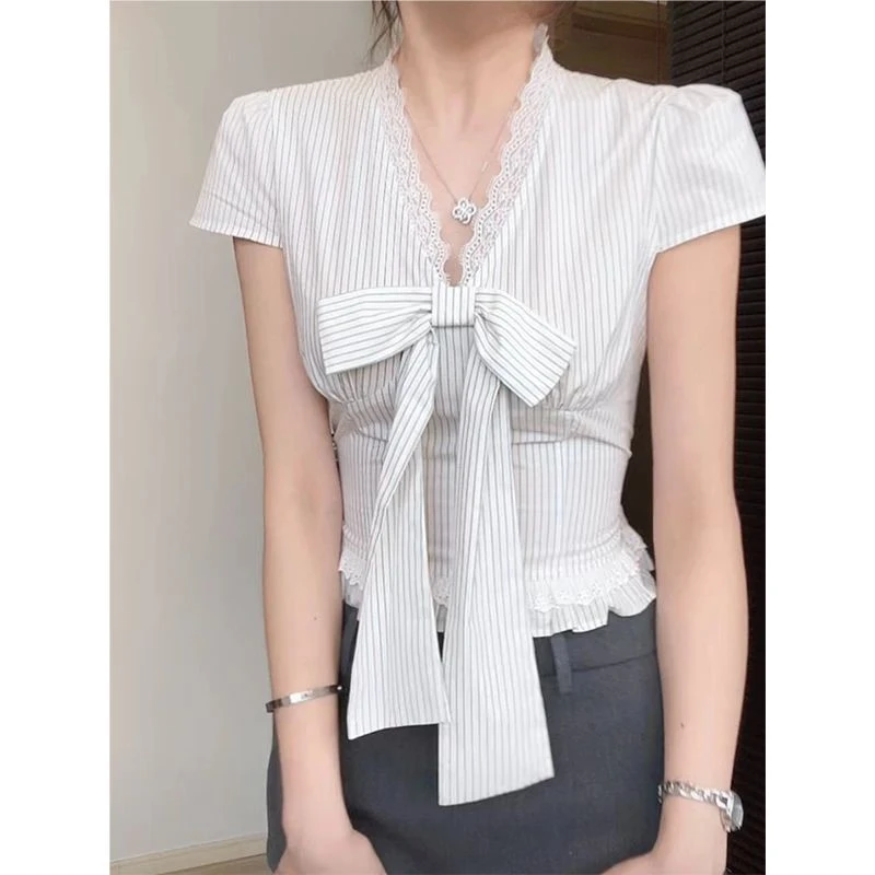 带拉链【140克四面弹】法式气质设计感蕾丝花边蝴蝶结v领条纹衬衣女