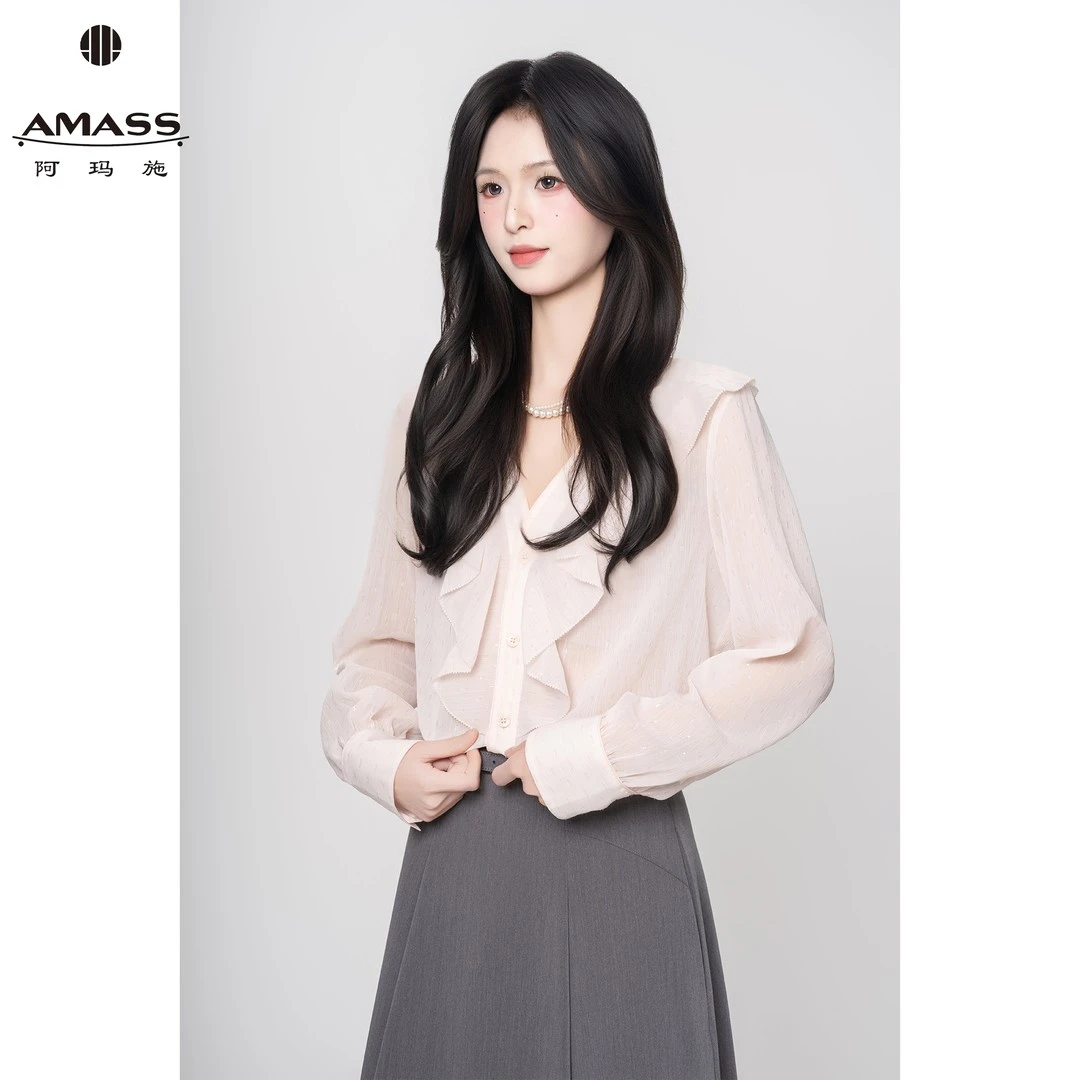 AMASS/阿玛施春夏新款复古气质时尚波点花边V领优雅衬衫女 530032