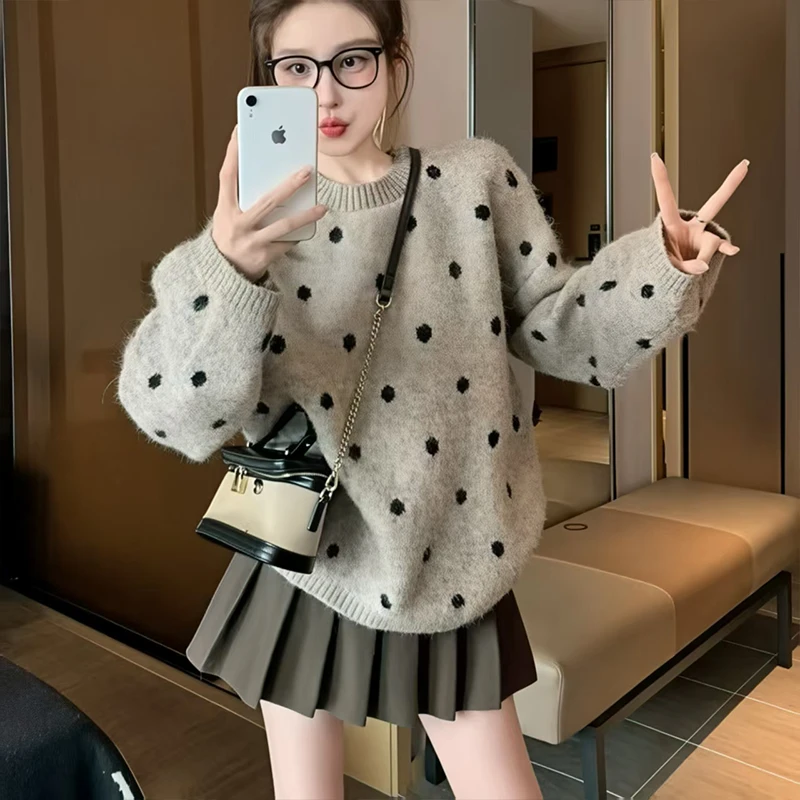 韩系小个子显高显瘦气质宽松慵懒风波点圆领毛衣女秋冬内搭针织衫