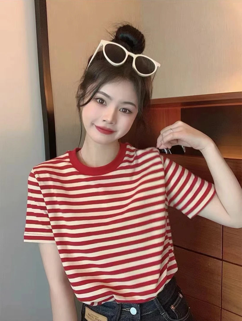 条纹T。早春圆领正肩短袖T恤A601