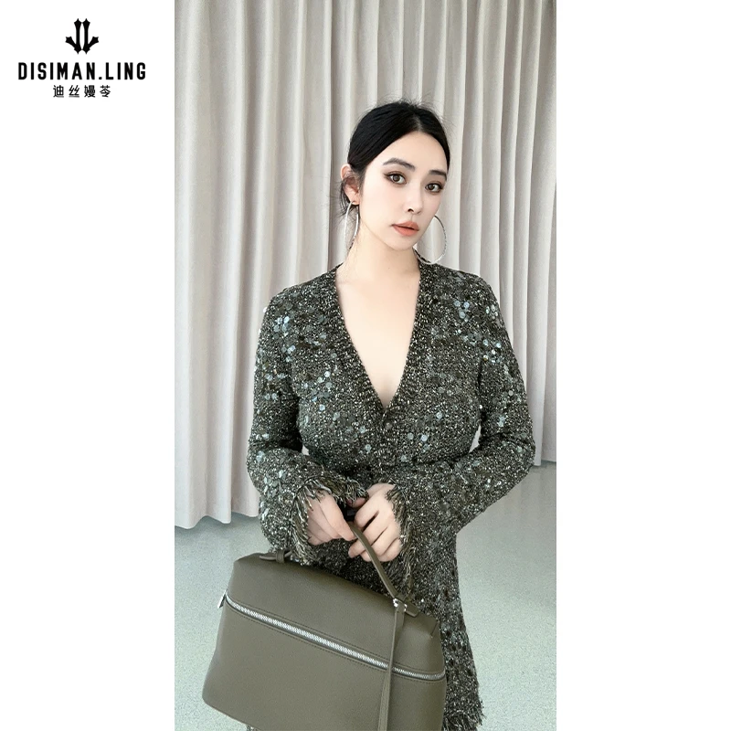 迪丝嫚苓墨绿色针织套装时尚休闲百搭女士气质原创设计小众优雅感