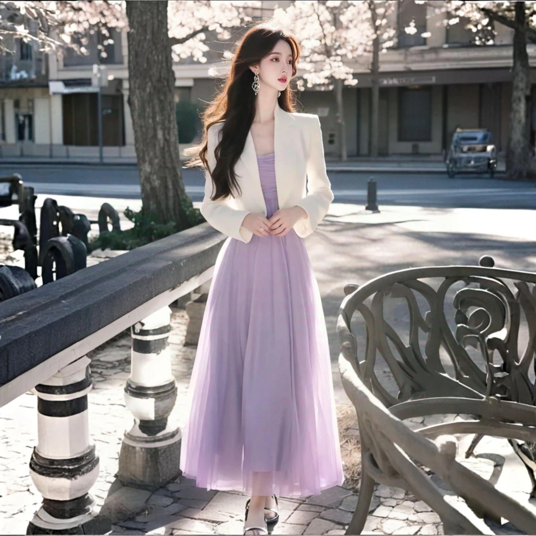 2525春季轻奢高级感超好看独特漂亮白色西装外套紫色连衣裙套装女