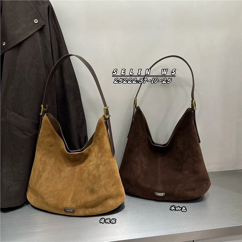 赛林维斯磨砂水桶包大容量托特包女休闲慵懒风单肩斜挎包牛皮大包