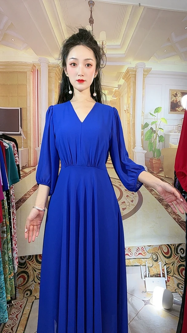 宝石蓝大摆宽袖设计感连衣裙