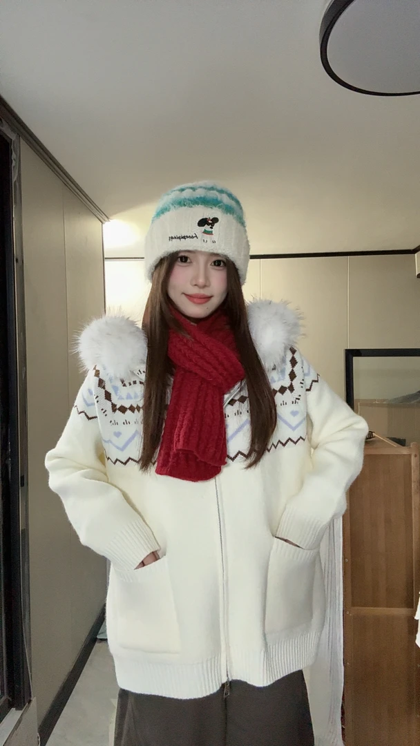 软糯复古印花费尔岛连帽针织开衫女秋冬新款宽松软糯亲肤百搭毛衣