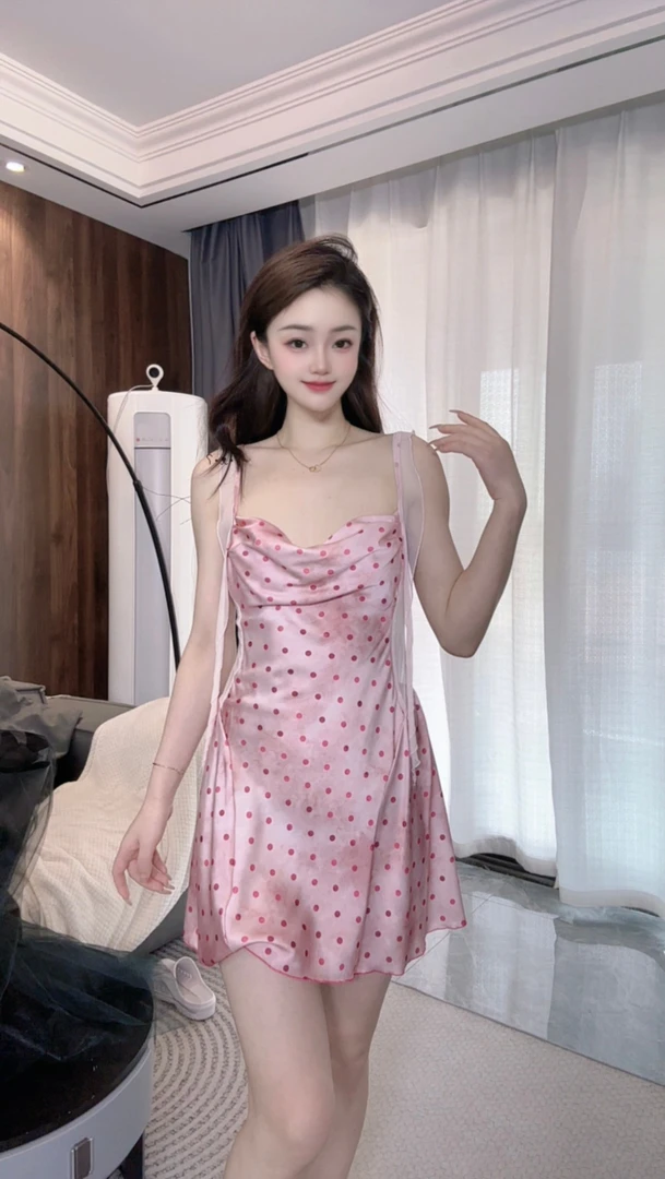 2025新款冰丝睡衣女粉色波点吊带裙甜美洋气收腰睡裙堆堆领套装