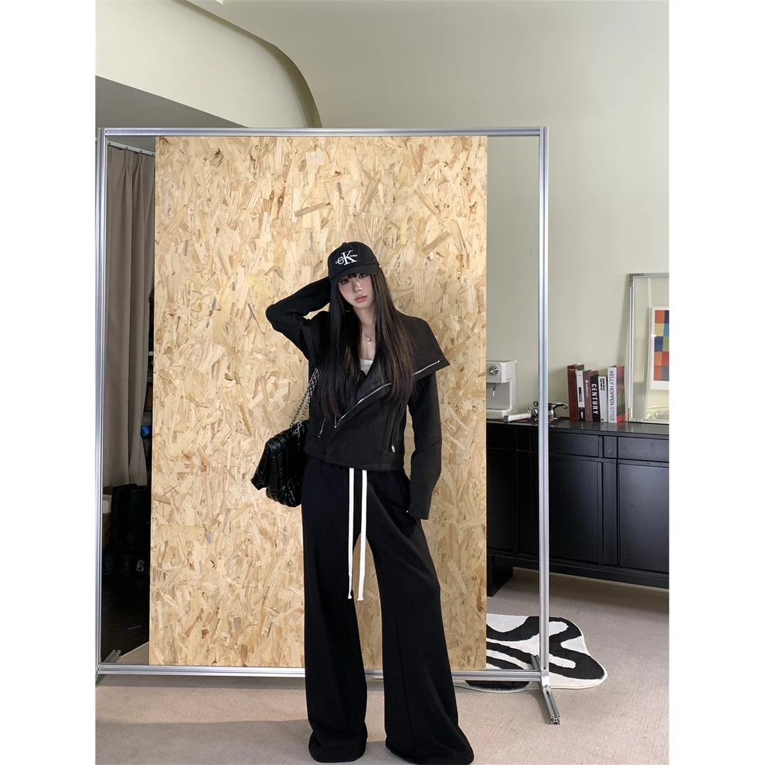 【超模裤】黑色抽绳阔腿裤秋宽松休闲百搭高克重拖地裤