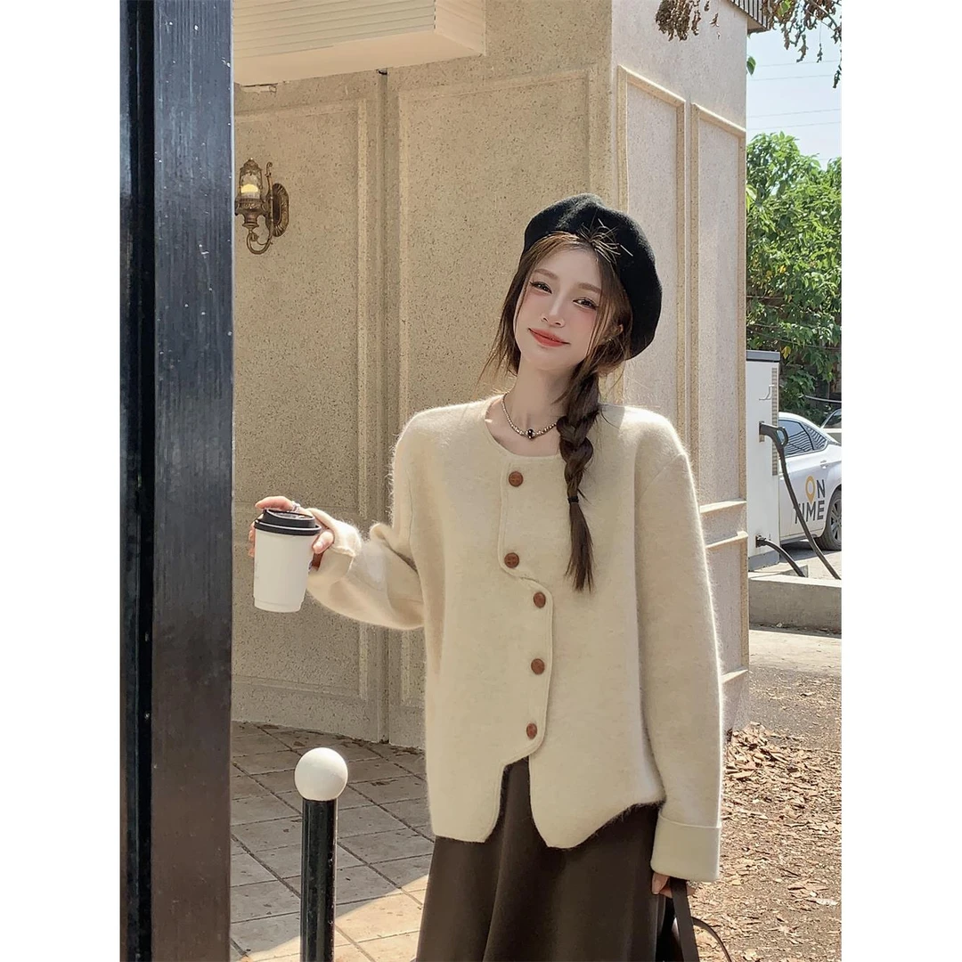 冬装大码女装不规则绒软糯毛衣外套日系慵懒高级感针织开衫