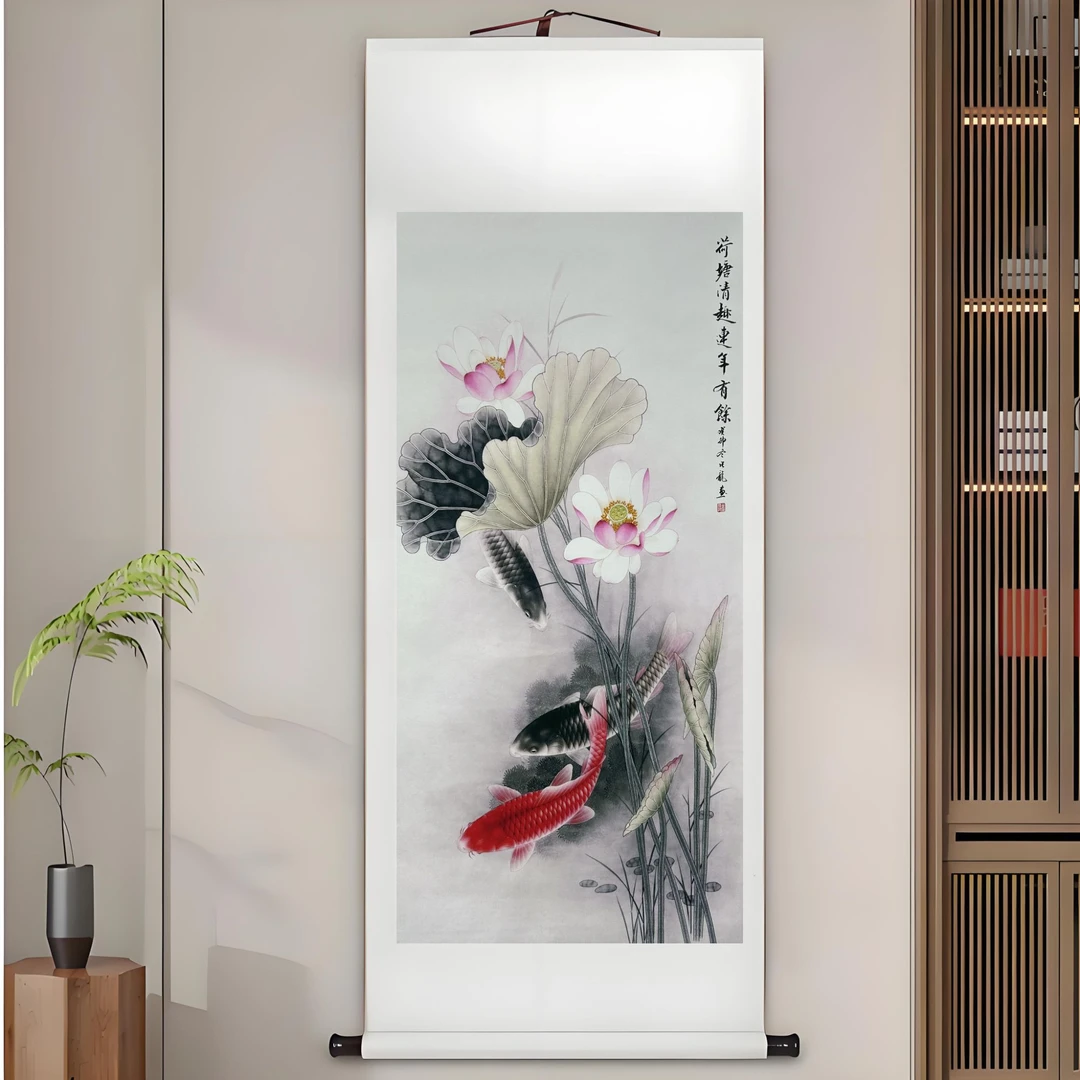 三尺《荷塘清趣》中堂玄关画走廊画办公装饰画卷画芯软轴装裱