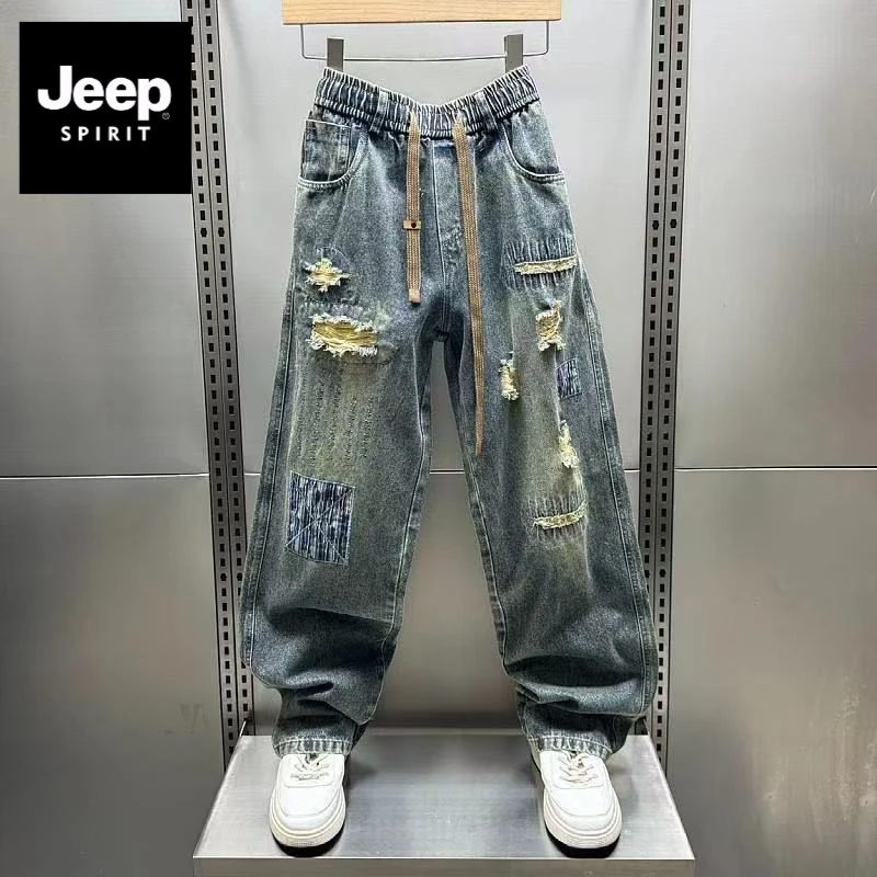 吉普美式刮烂破洞补丁牛仔裤男潮牌高街宽松直筒阔腿裤男士老爹裤