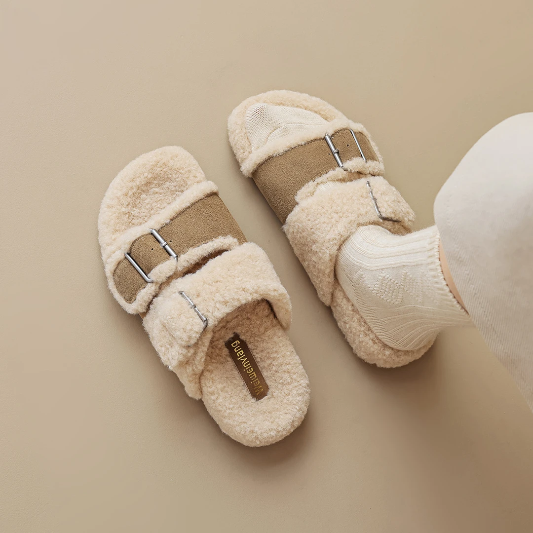 威威女郎-厚底勃肯鞋真皮毛毛拖鞋女冬季外穿一字带加绒棉拖