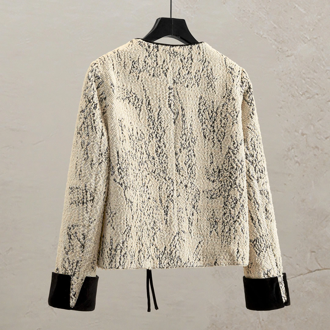 她池2025秋装新款女装新中式外套国风拼接绵羊毛上衣T43B4578AT