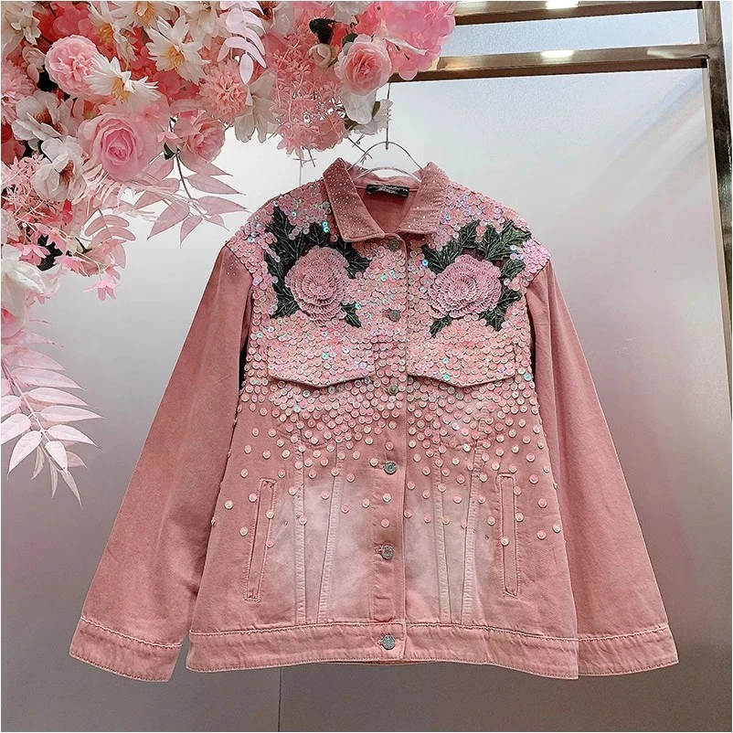 A983欧美设计师2025早春新款重工钉珠刺绣亮片立体花朵牛仔外套女