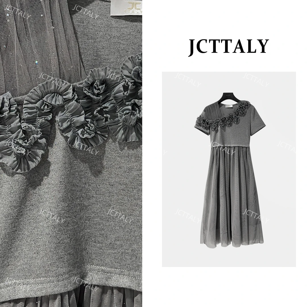 【茶茶】立体拼网纱花朵假两件女25夏季新款时尚显瘦连衣裙JC-A3419