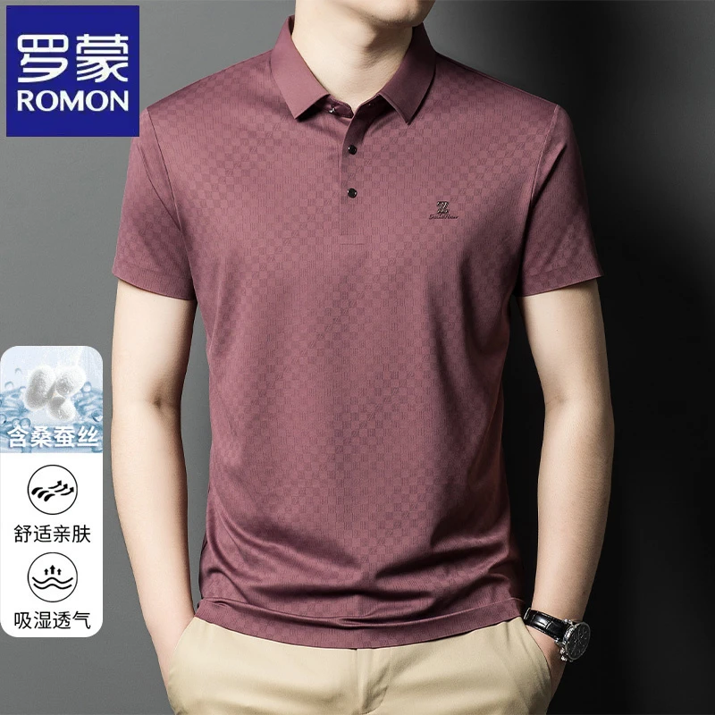 【含桑蚕丝】罗蒙格子百搭亲肤短袖Polo衫夏季休闲男士商务t恤上衣