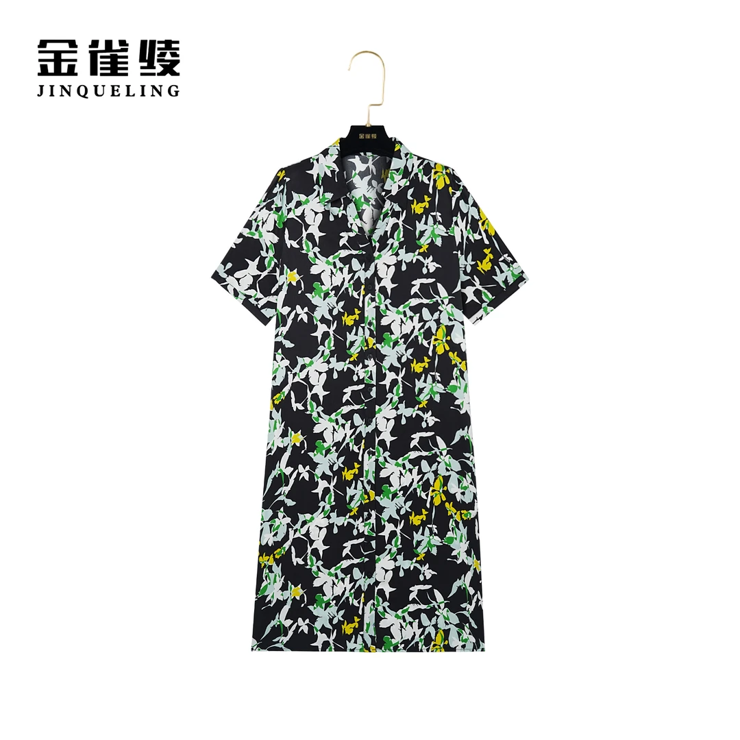 金雀绫【玛格丽特】桑蚕丝轻奢时尚印花设计师气质连衣裙B23072