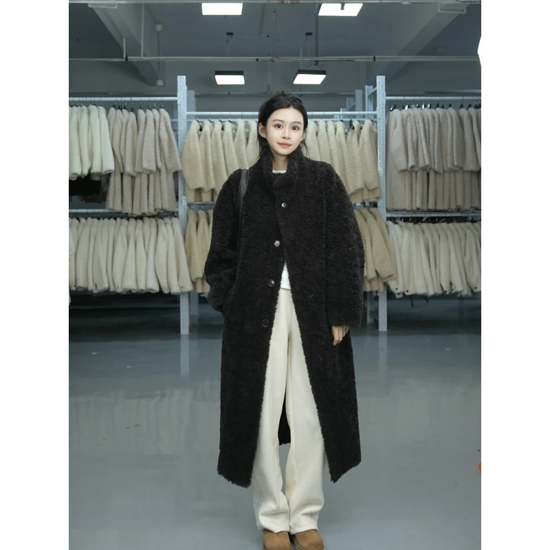 2024冬新款韩系慵懒风100绵羊毛长款百搭休闲保暖羊剪绒外套女