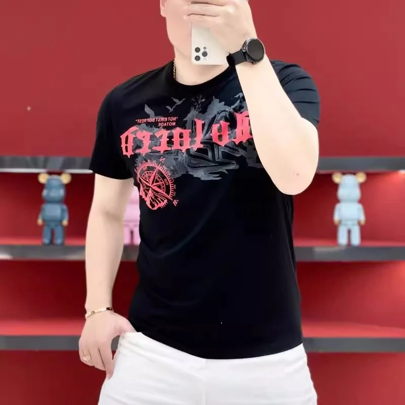 埃卢涅芬欧货夏季新款潮牌字母修身弹力圆领潮流棉百搭短袖T恤男