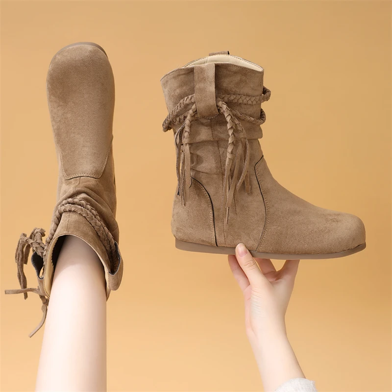 复古百搭平底马丁靴女2025秋冬新款时尚显瘦防滑加绒褶皱堆堆靴女