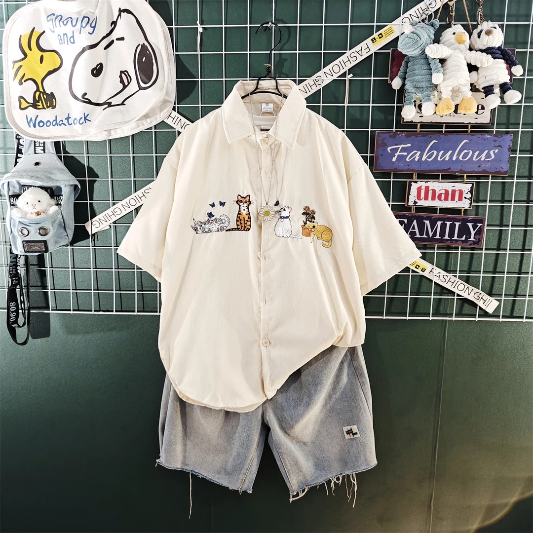 2025夏季新款衬衫短裤套装男生高级感穿搭一整套刺绣复古衬衣外套