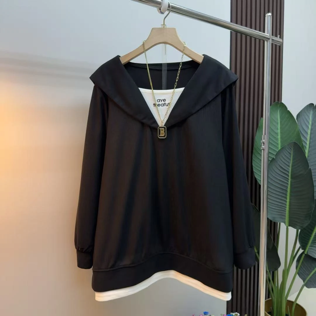 胖mm欧货时尚气质显瘦遮肉早秋长袖6872宽松简约时髦轻奢假两件