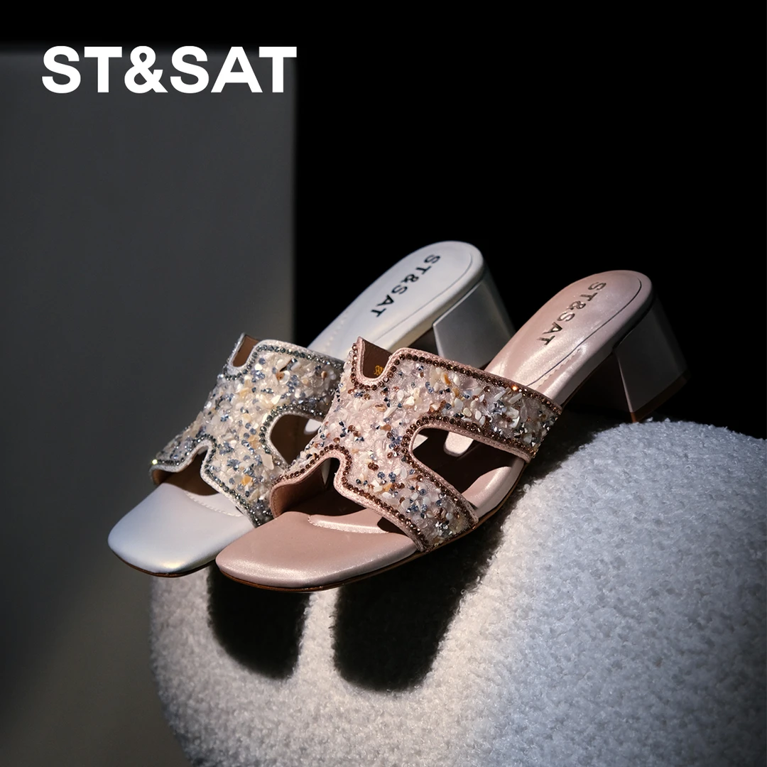 【蔷薇星语】星期六夏季新款百搭水钻方头粗跟时尚凉鞋穿搭好物0530