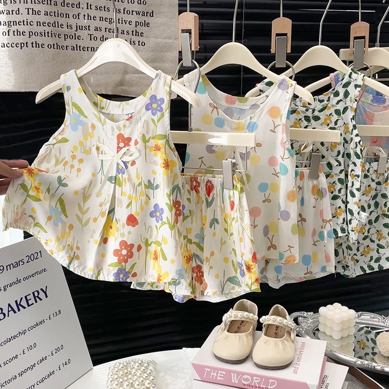 儿童棉绸套装夏季薄款洋气女童宝宝无袖短裤背心绵绸家居服两件套