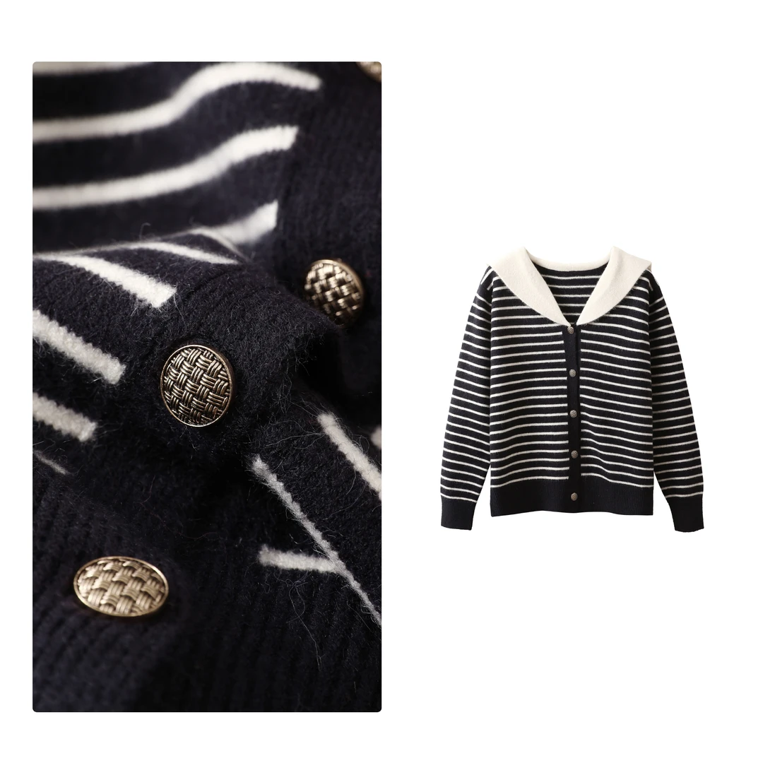 现货！门店24&9！纯色翻领~经典条纹设计女式针织开衫H00710