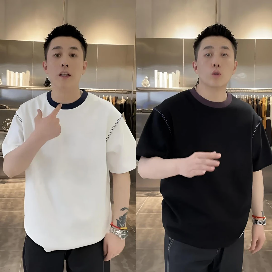 夏季新款简约百搭明线设计圆领短袖T恤男士高品质时尚休闲纯色t恤