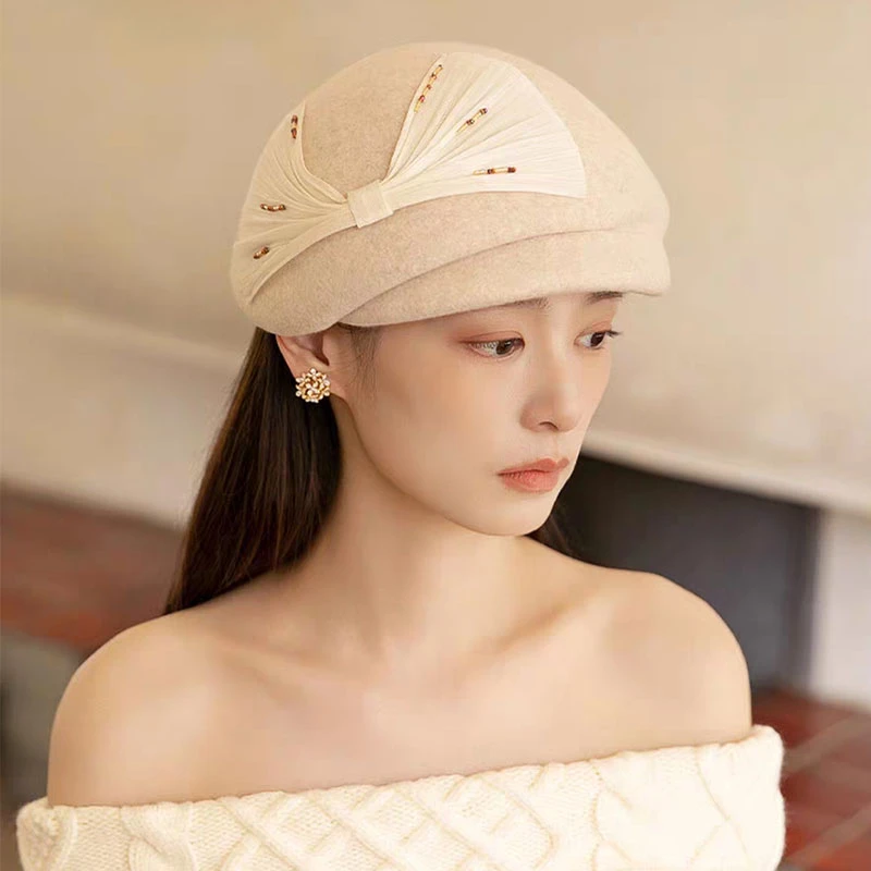 法式时尚名媛帽子贝雷帽女2025新款秋冬羊毛定型礼帽冬天保暖毡帽