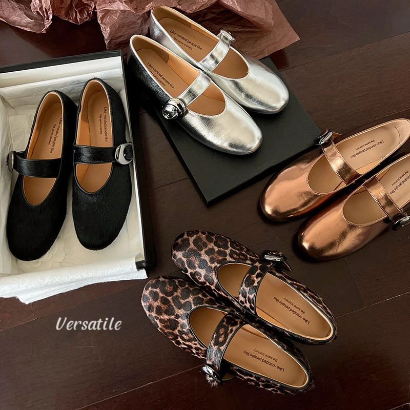 【马毛】3CM/一字带圆头浅口低跟玛丽珍鞋春季法式气质单鞋百搭