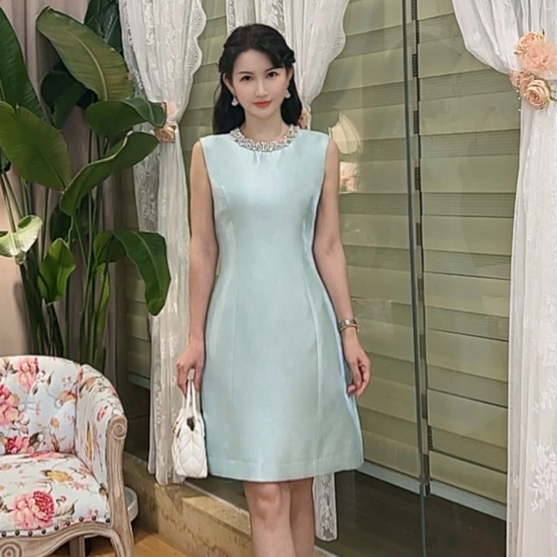 【爱丽丝】 AN033  安妮老板 圆领镶钻显白气质有口袋无袖连衣裙