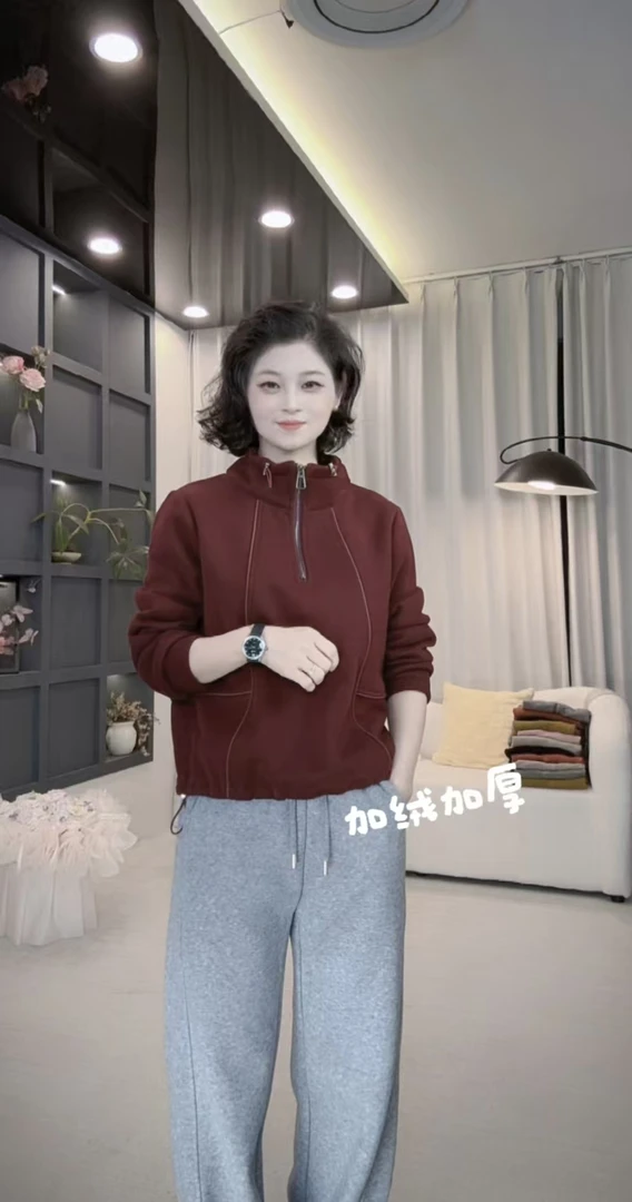 加绒加厚卫衣女士打底上衣2025冬新款宽松半拉链立领8529