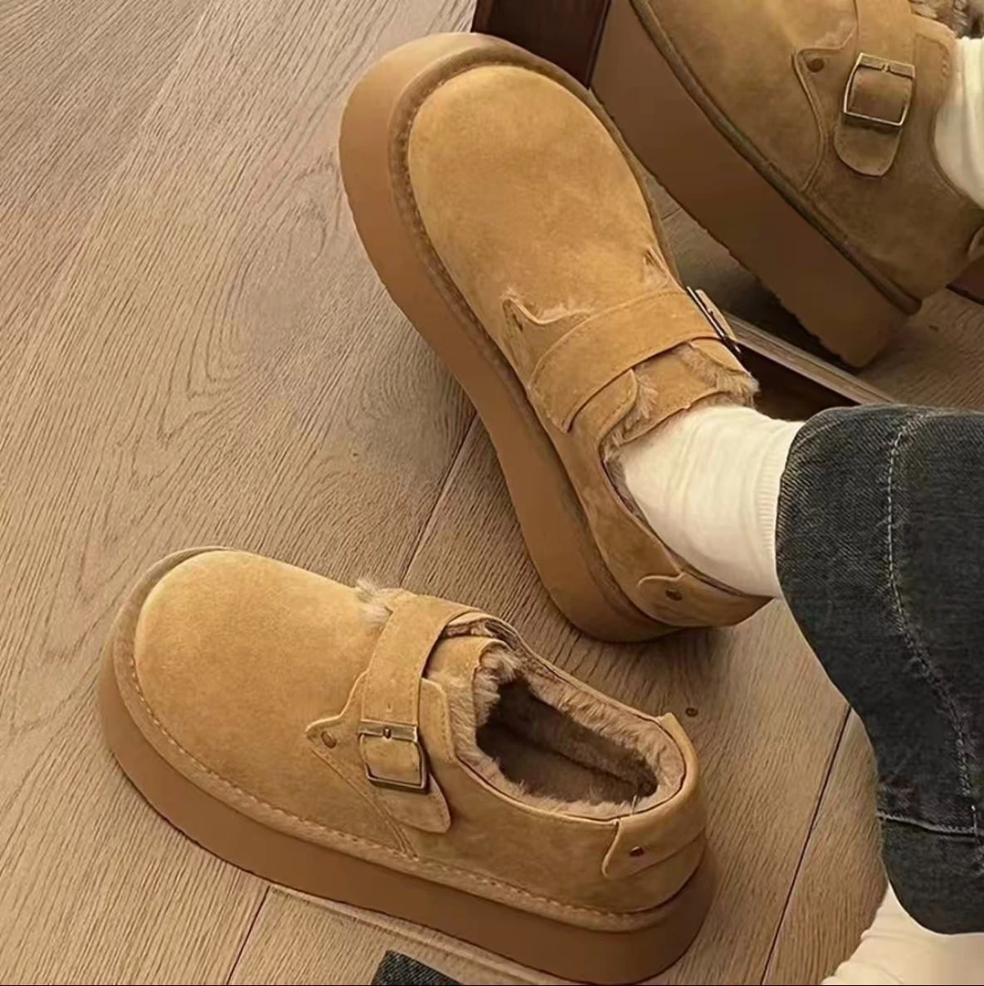 三福真皮勃肯鞋女款厚底增高雪地靴冬季加绒学生保暖防滑毛毛棉鞋