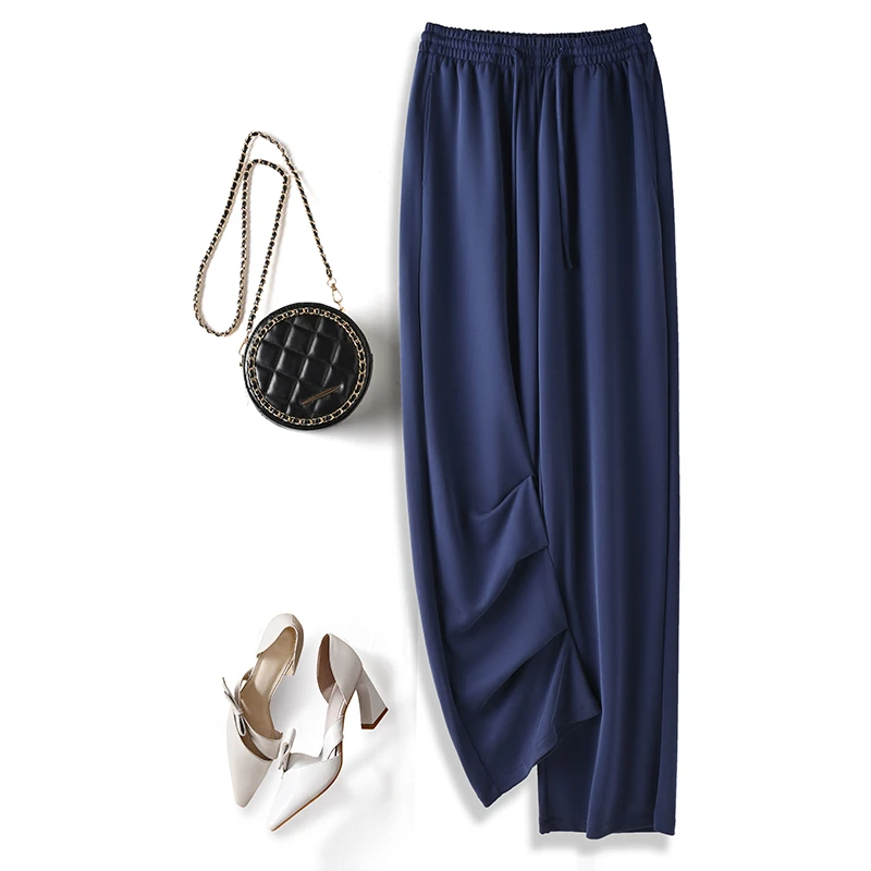 益生君冰丝阔腿裤女夏藏青色薄款高腰大码胖mm显瘦直筒垂坠感裤子