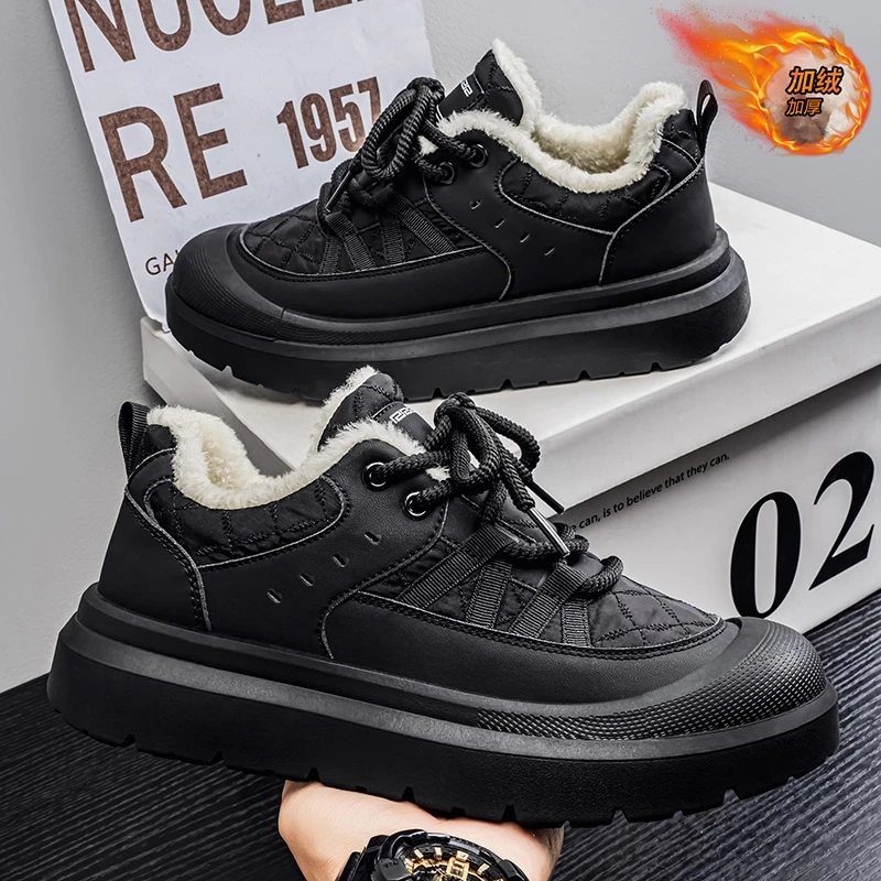 男鞋冬季2025新款加绒保暖厚底户外登山运动厚底增高低帮休闲鞋