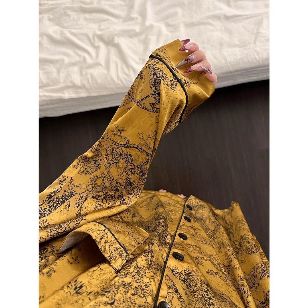 老钱风国风水墨画风冰丝睡衣女夏季新款长袖长裤家居服套装可外穿