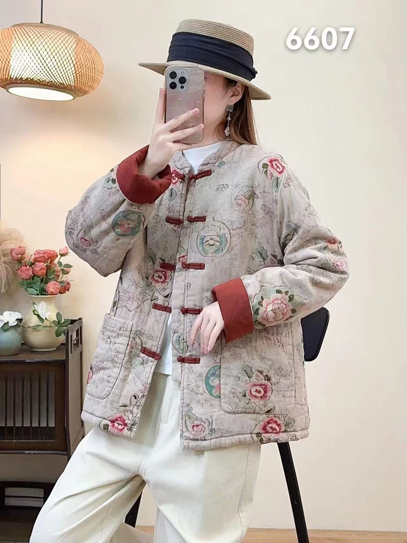 国风棉麻复古大花中式盘扣棉服（90-150斤）