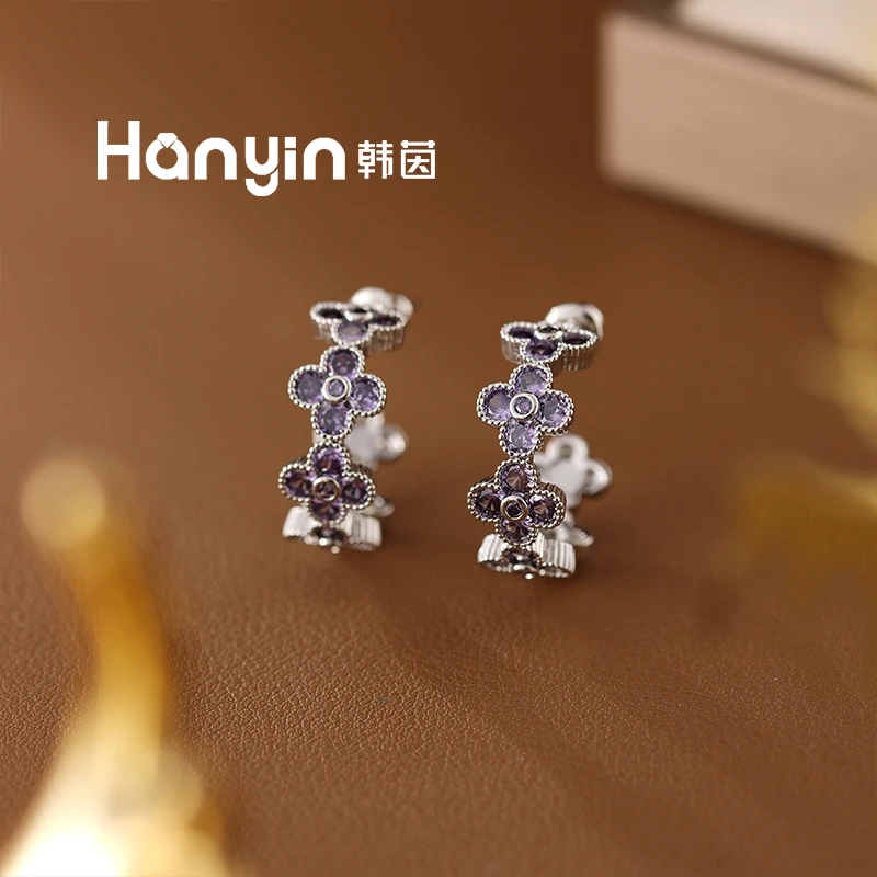 铜合金合成锆石耳饰 925银针气质光面蓝色微镶四叶草C形耳钉AAA